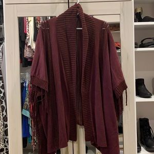 Burgundy Cape w/ sweater & fringe details-One Size